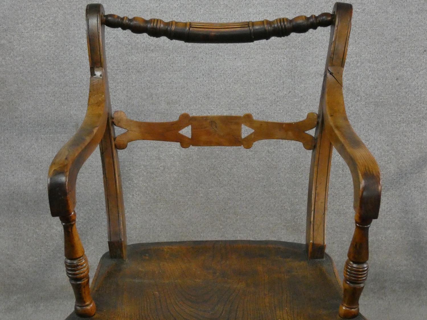 A 19th century beech framed armchair with moulded elm seat on turned stretchered supports. H.87cm - Image 3 of 8
