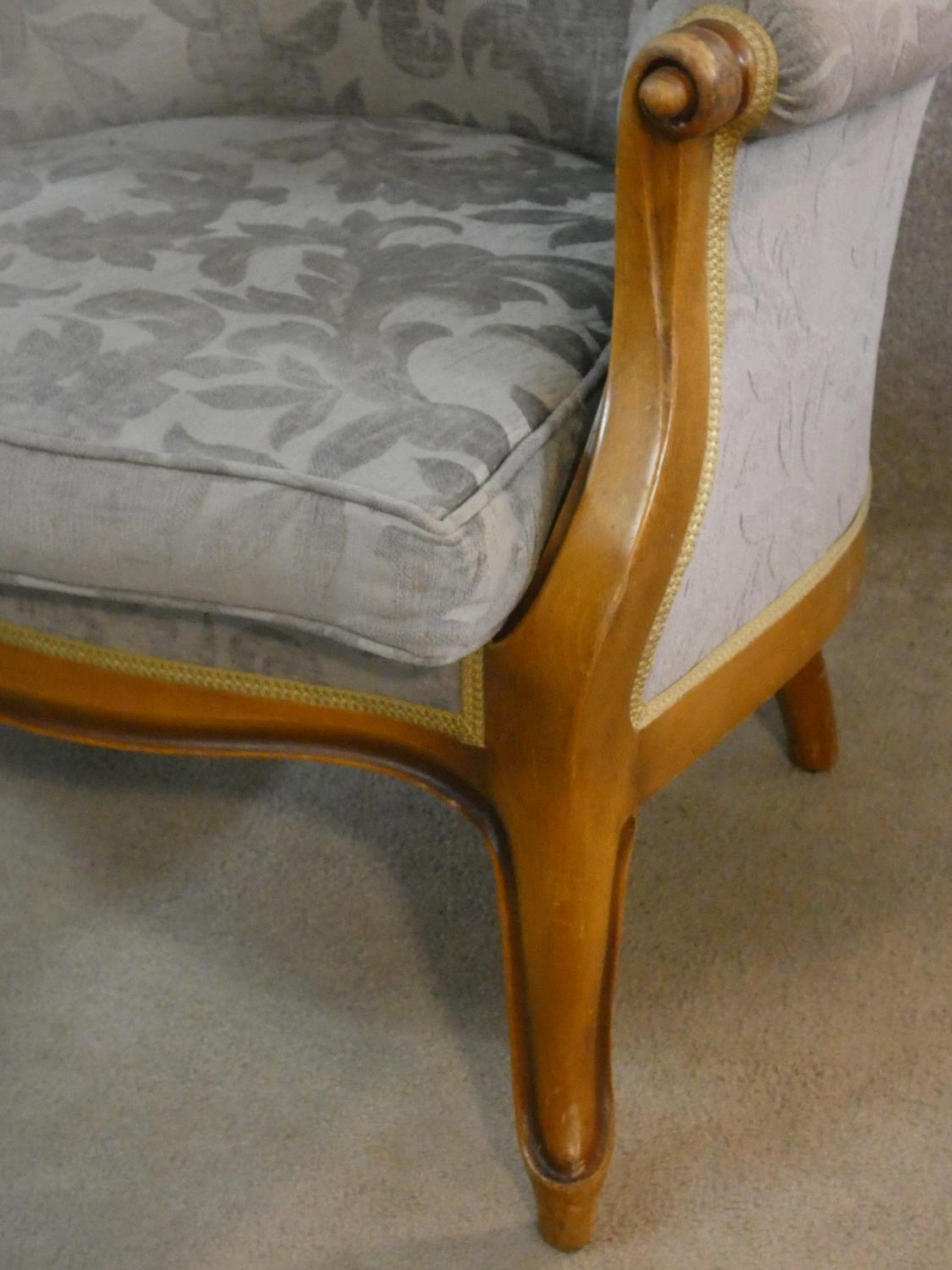 A pair of 19th century style beech framed armchairs in cut floral velour upholstery on carved - Image 5 of 6