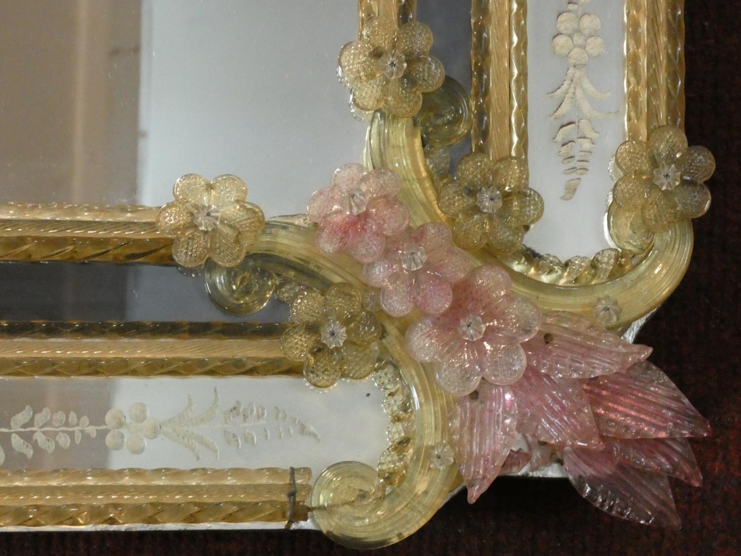 A Murano glass wall mirror with polychrome floral decoration and etched panels. H.70 W.87cm - Image 2 of 5