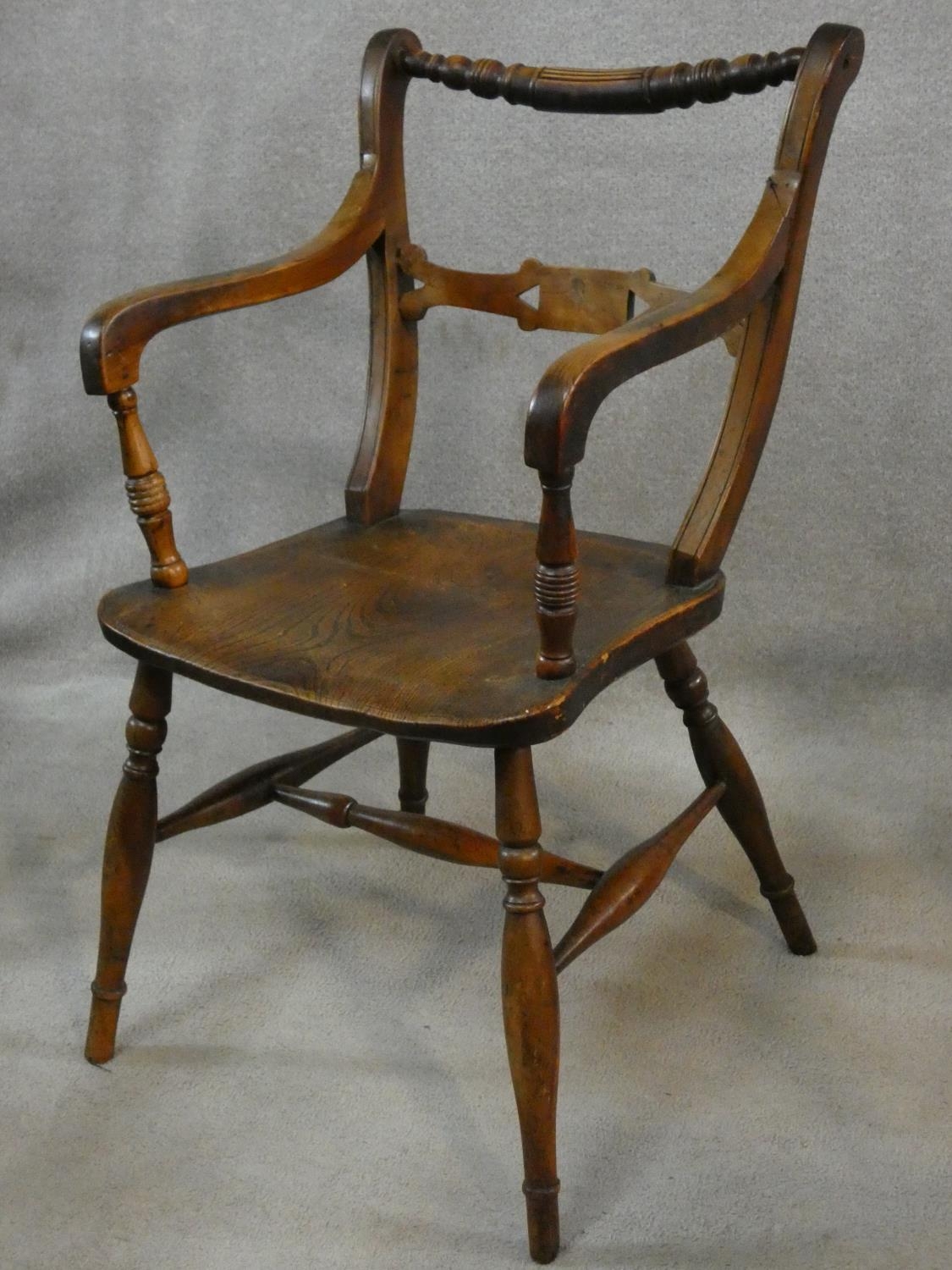 A 19th century beech framed armchair with moulded elm seat on turned stretchered supports. H.87cm - Image 2 of 8