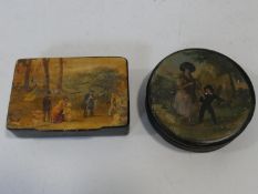 Two antique hand painted black papier-mâché snuff boxes one with a mother and a young boy and one