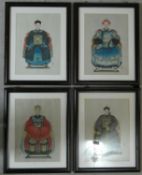 Four framed and glazed Chinese watercolours on paper of Chinese emperors in traditional robes.