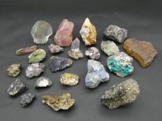 A collection of twenty two crystals, minerals and gemstones. Including dioptase, bi-colour