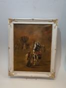 A framed Oriental oil on canvas depicting a lady offering water to a man on camel back. H.58xW.48cm