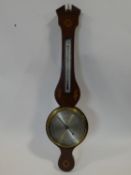 A George III mahogany banjo barometer inlaid with satinwood and olivewood oval shells and