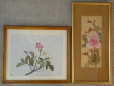 Two framed and glazed acrylic on canvas botanical studies. One Japanese silk painting of a peony,