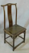 A Chinese hardwood hall chair with woven panel seat on shaped stretchered supports. H.111cm
