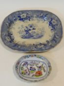 An antique ceramic blue and white transferware design meat platter with 'Botanical Beauties'