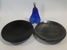 Two large lustre ceramic Poole Pottery chargers with abstract linear design, makers labels and