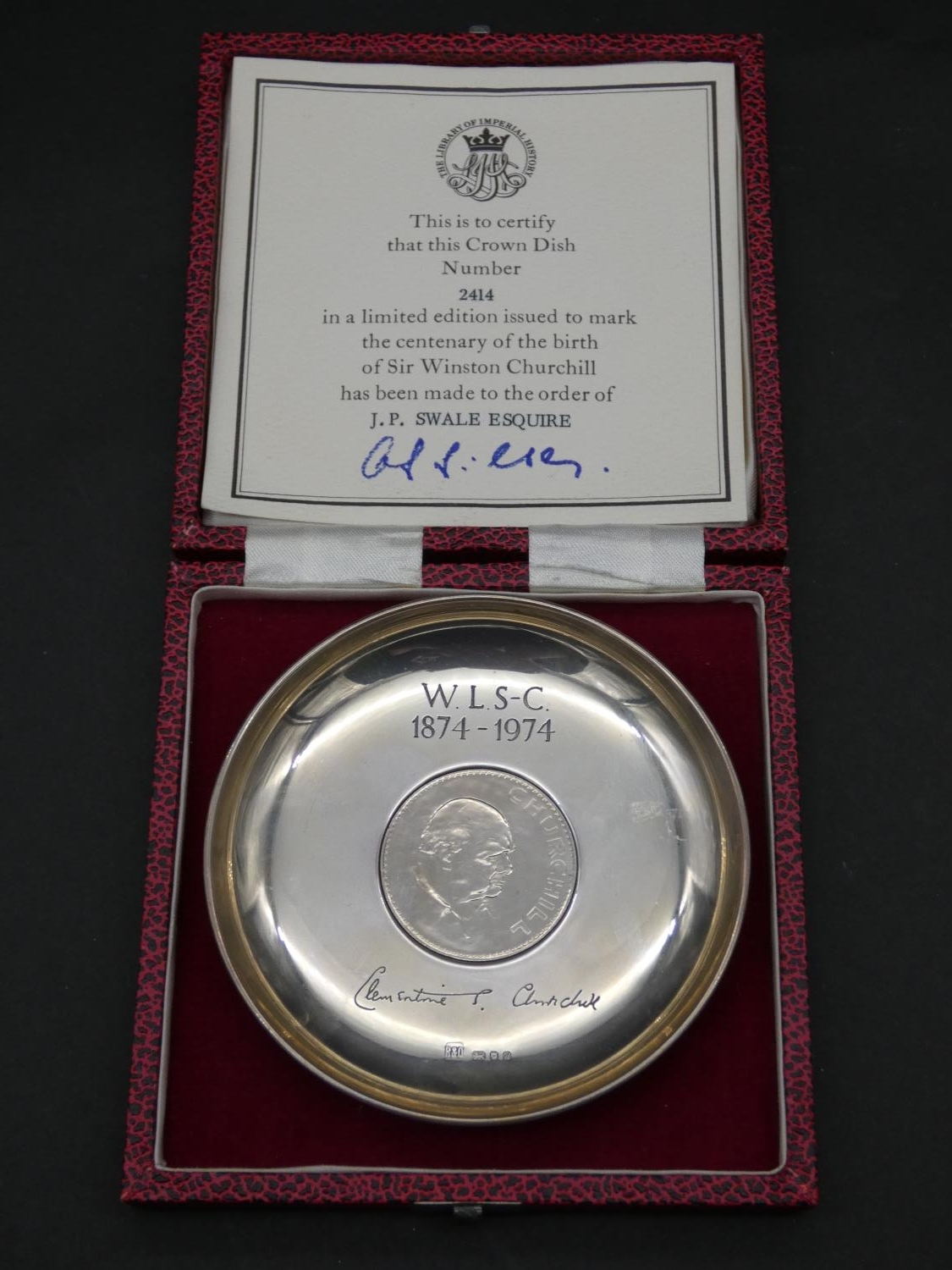 A red leather effect cased silver Winston Churchill centenary dish. With signature of Clementine