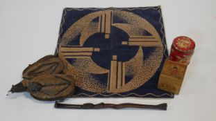 A mid century geometric design velour cushion cover along with a Chinese wooden tea caddy box with