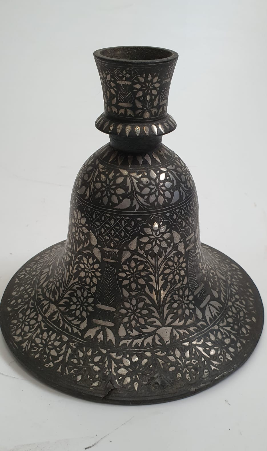 A 19th century Indian Bidriware hookah base. With inlaid floral design. H16cm. - Image 2 of 4