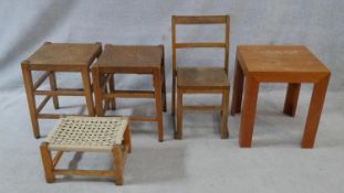 A pair of vintage Estonian star design stools with makers stamp, a vintage child's chair, a woven