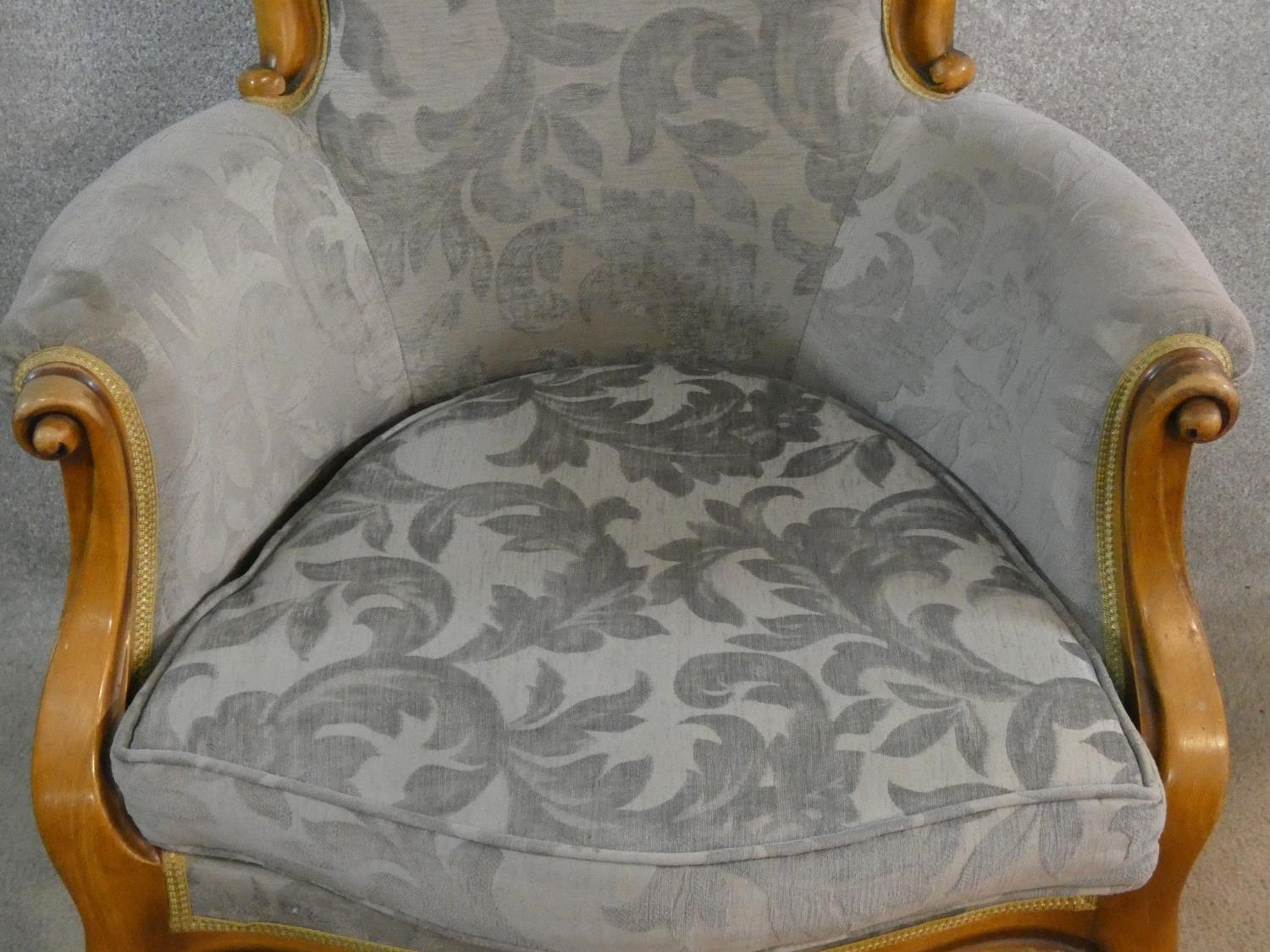 A pair of 19th century style beech framed armchairs in cut floral velour upholstery on carved - Image 4 of 6