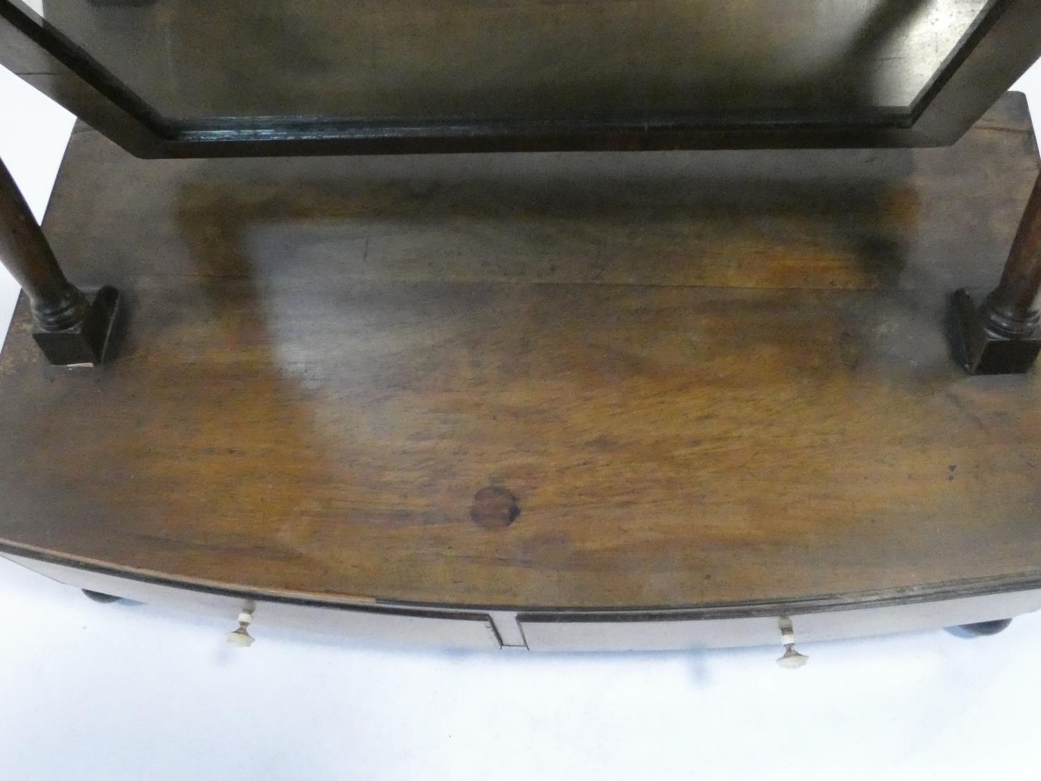 A Georgian mahogany swing toilet mirror fitted with original plate on bowfronted base with two - Image 5 of 10