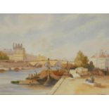 A 19th century gilt framed and glazed watercolour, busy river port with bridge and buildings in