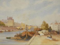A 19th century gilt framed and glazed watercolour, busy river port with bridge and buildings in