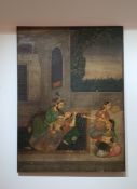 An Indo-Persian gouache on canvas, Laily Majnoon, depicting two lovers with musicians. H.114xW.84cm