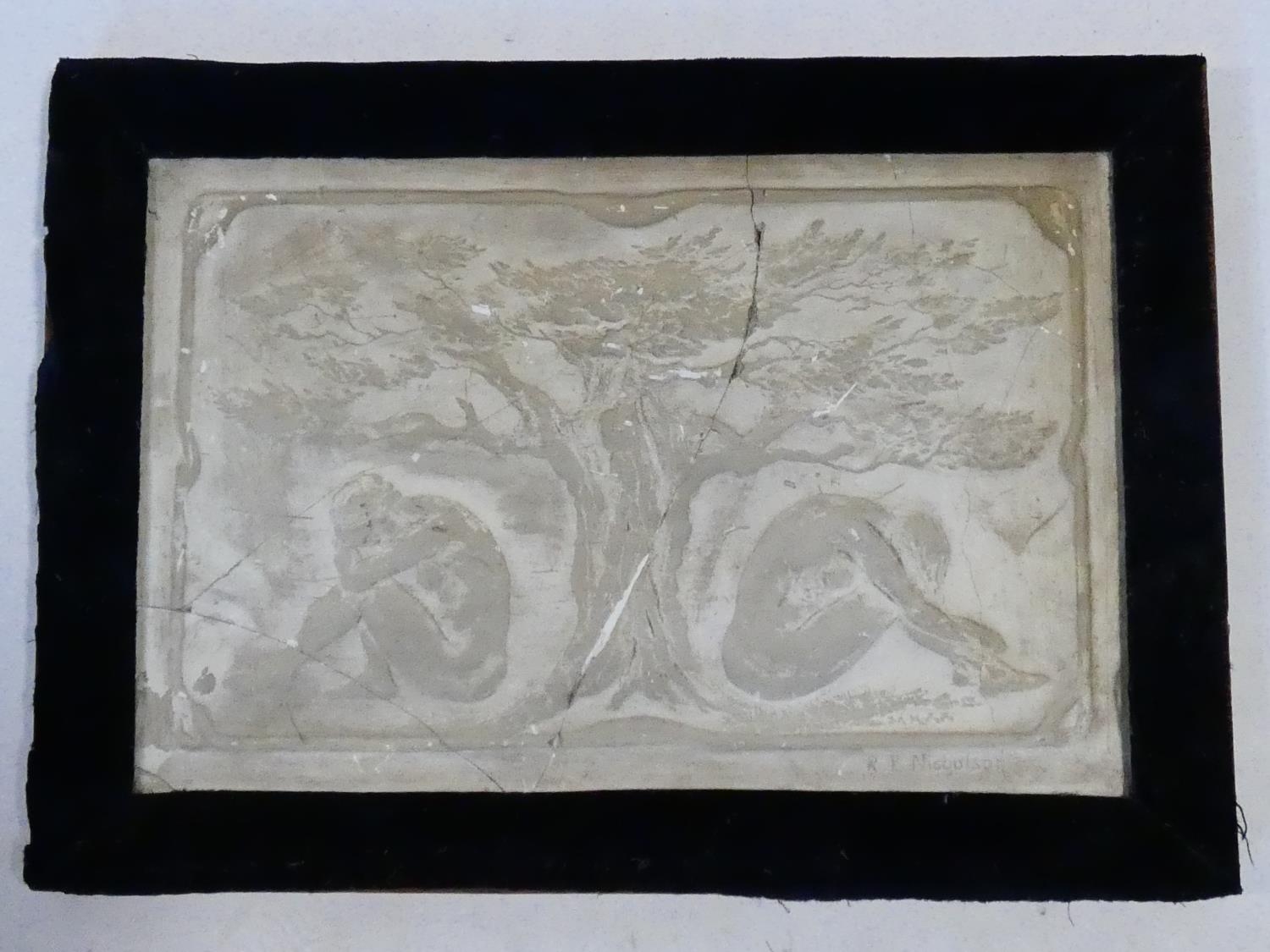 A framed classical style plaster relief plaque, figures beneath a tree, signed R L Nicholson. H.33