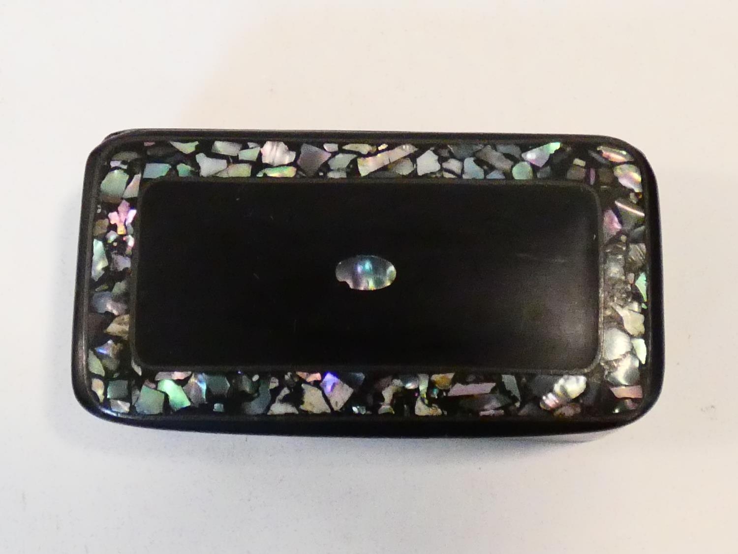 Two Victorian black papier-mâché snuff boxes inlaid with chips of abalone shell, and a shell border. - Image 2 of 7