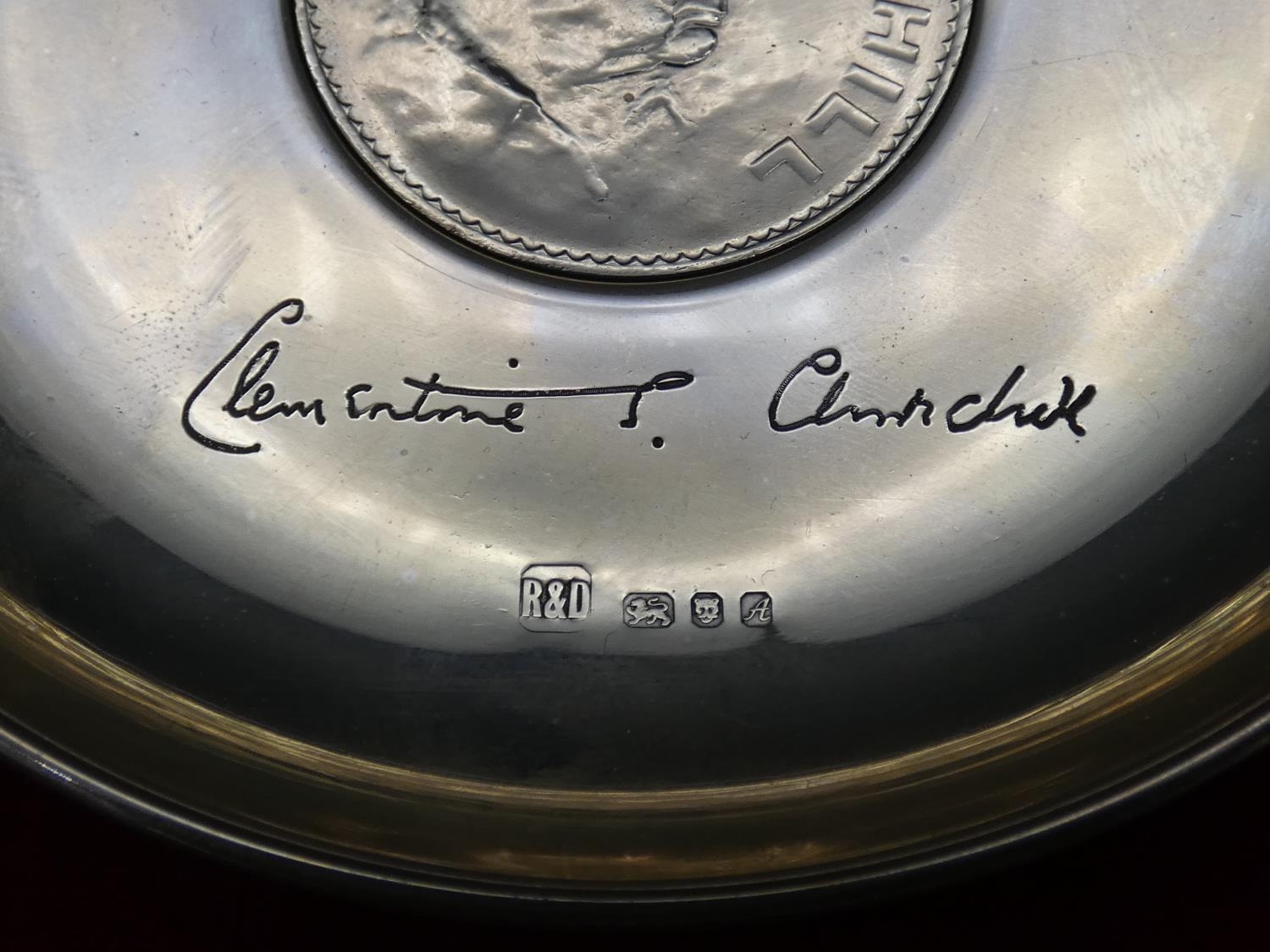 A red leather effect cased silver Winston Churchill centenary dish. With signature of Clementine - Image 4 of 4