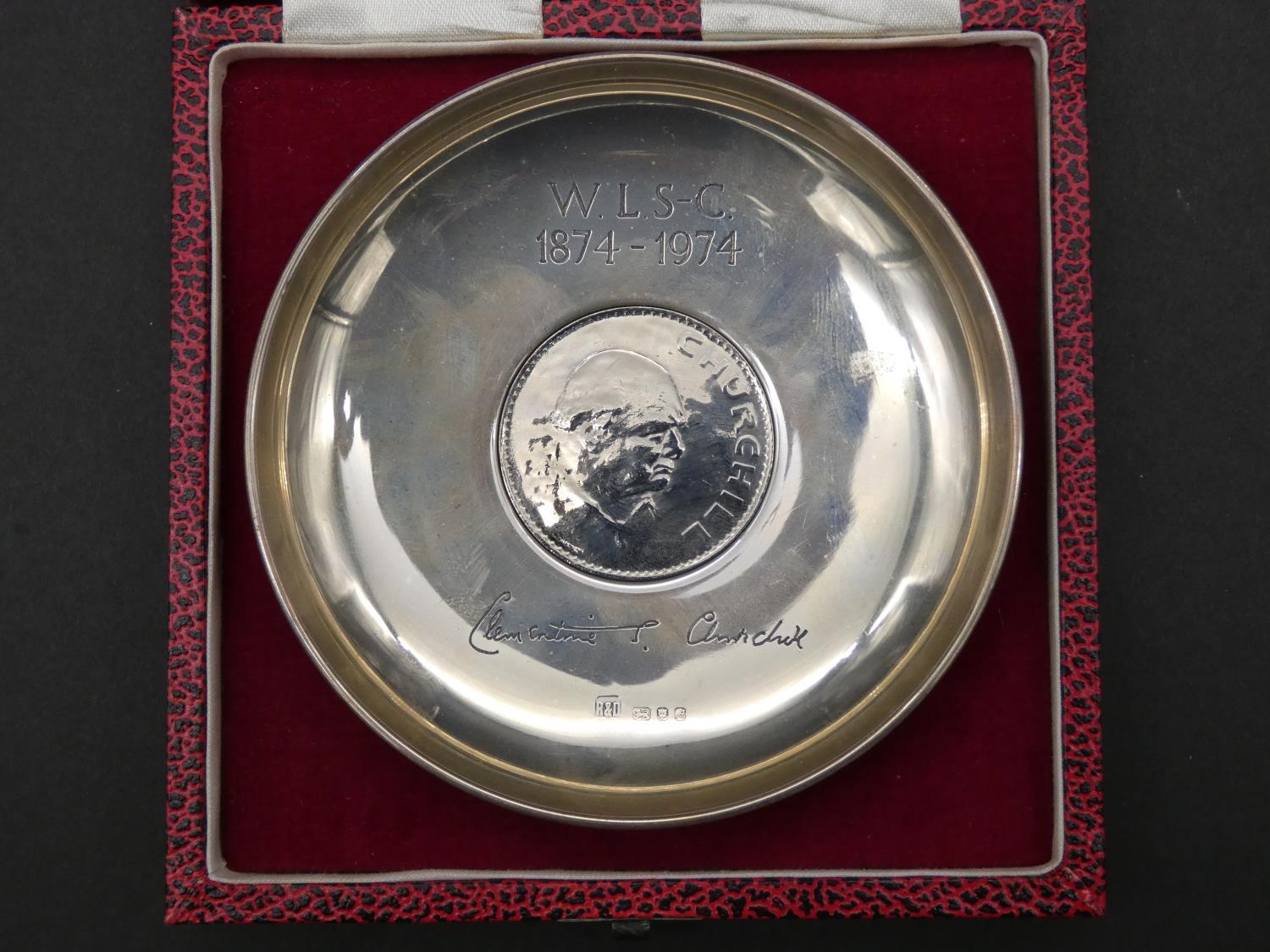 A red leather effect cased silver Winston Churchill centenary dish. With signature of Clementine - Image 2 of 4