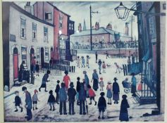 A framed and glazed print of the oil painting 'The Procession' by L.S. Lowry. Gallery label verso.