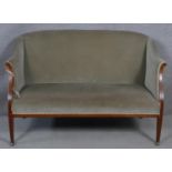 An Edwardian mahogany and satinwood strung upholstered two seater tub shaped canape. H.85 W.130 D.