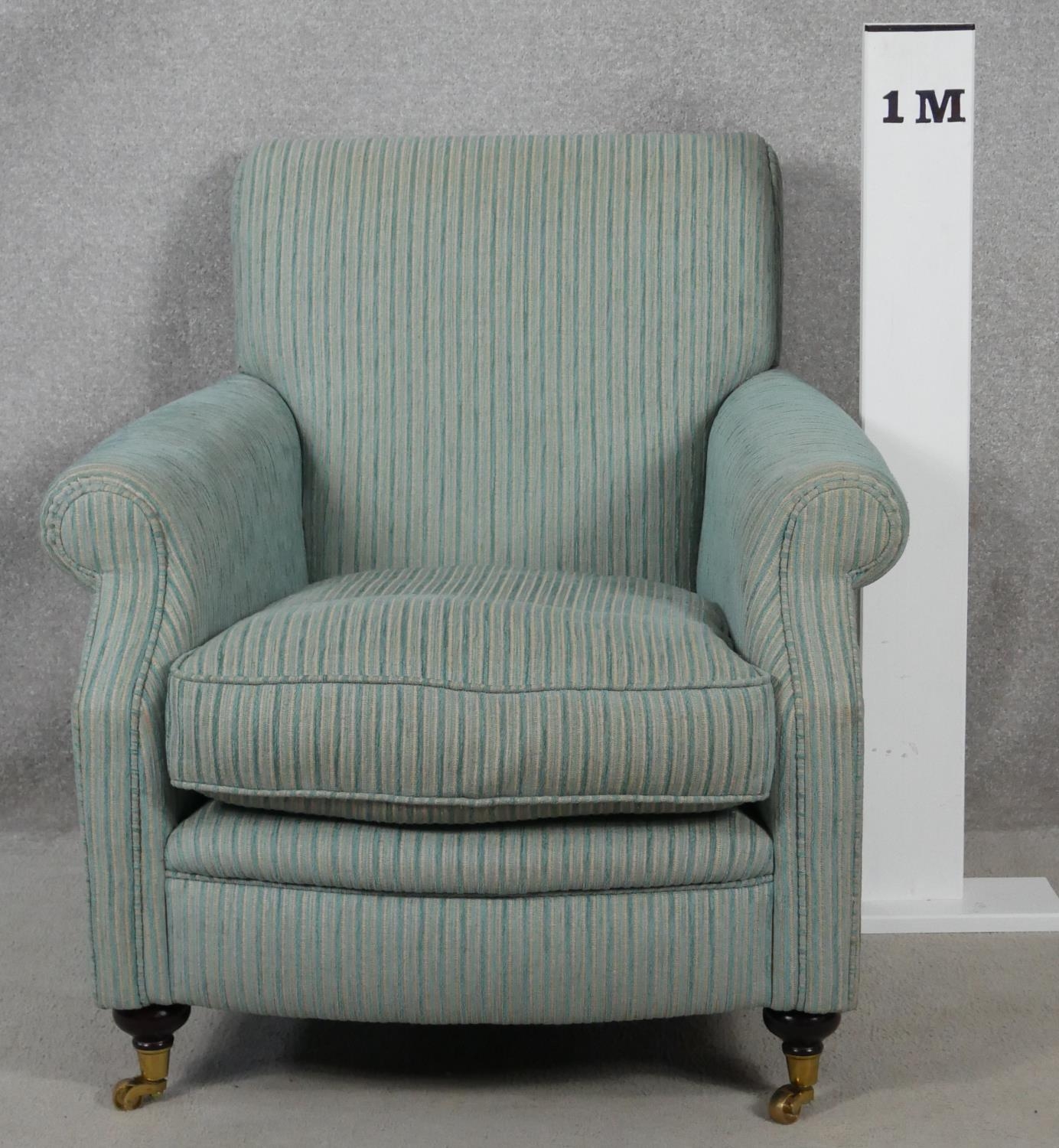 A contemporary 19th century style upholstered armchair on turned mahogany bun supports terminating - Image 4 of 4