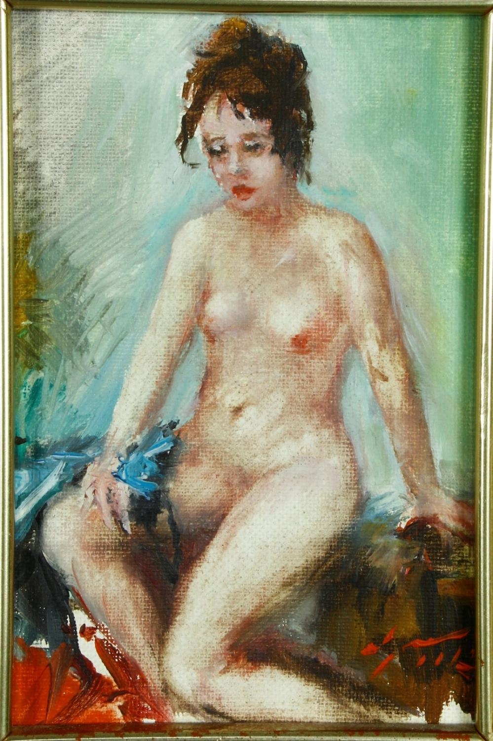 A framed oil on board, nude study, signed U Tilli and dated to the reverse. H.32 W.28cm