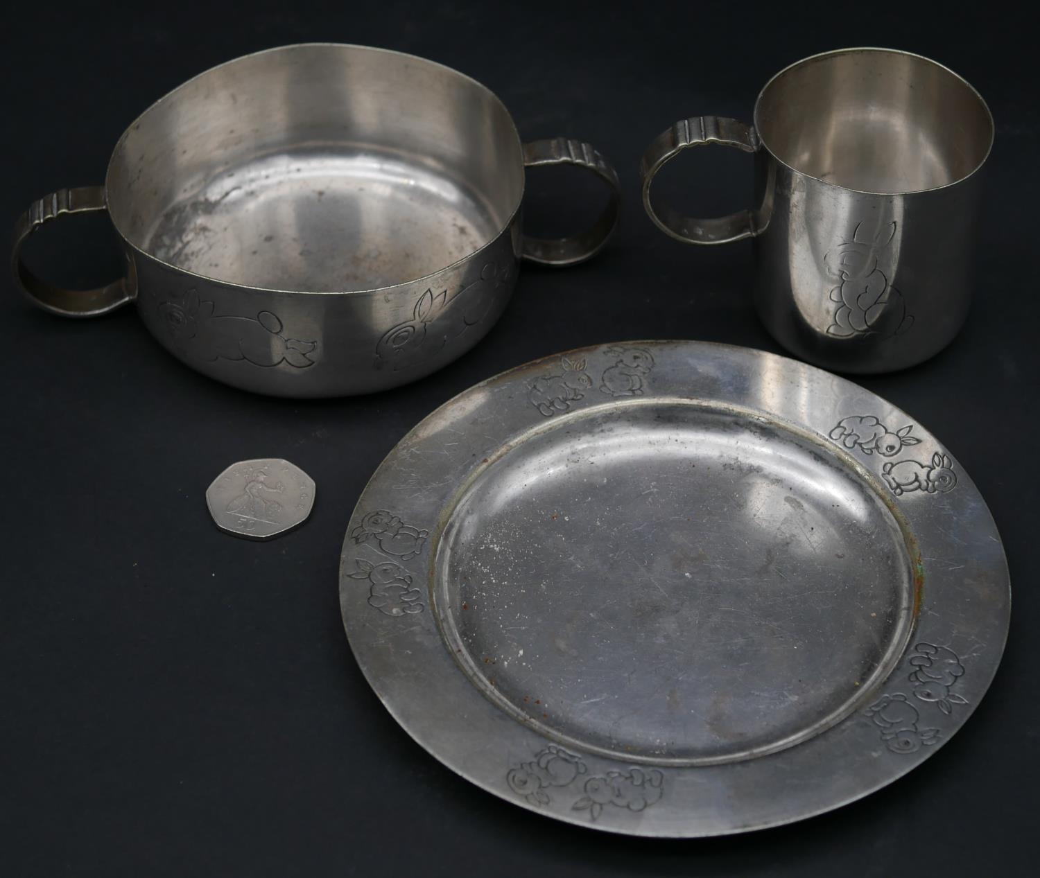 A silver plated child's dinner set, each piece stamped with rabbit motifs and registered mark to the - Image 8 of 8