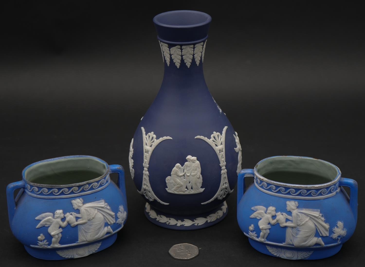 Three pieces of 20th century blue and white Wedgwood Jasperware. Including a pair of two handled - Image 6 of 8