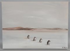 An oil on canvas of a line of penguins in the Antarctic. Indistinctly signed. H.50 W.70cm