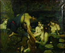 After John William Waterhouse, Hylas and the Nymphs, framed oil on canvas, unsigned. H.72 W.81cm