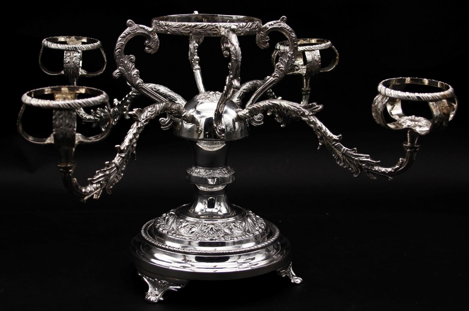 A pair of silver plated four branch centre pieces with scrolling foliate and floral motifs. Stamps - Image 4 of 6