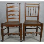 A 19th century oak ladderback hall chair and a similar antique elm hall chair. H.92cm