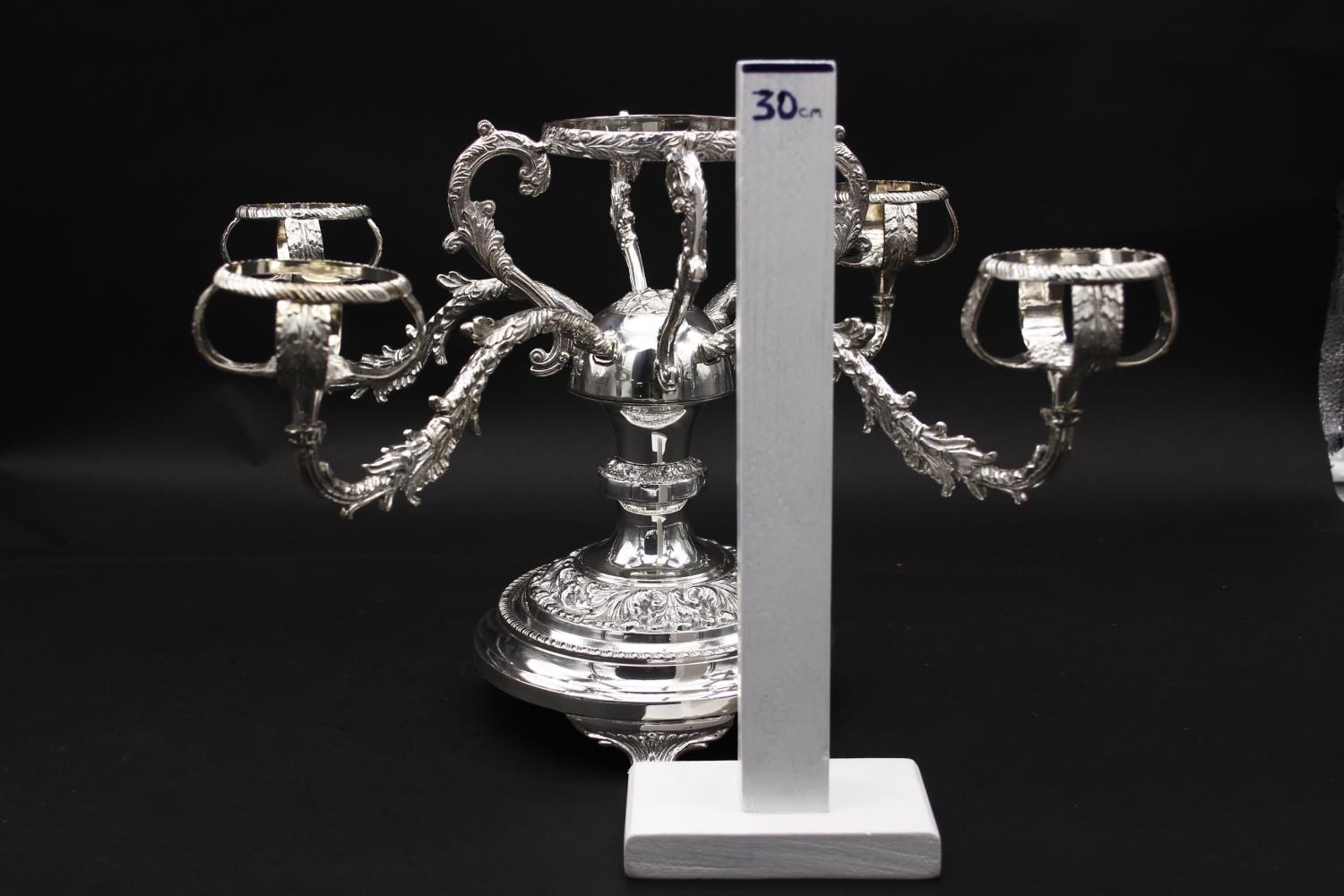 A pair of silver plated four branch centre pieces with scrolling foliate and floral motifs. Stamps - Image 6 of 6