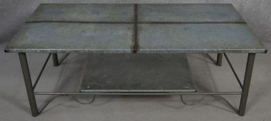 A metal framed low table with zinc lined top. H.43 L.120 W.60.5cm