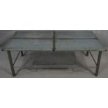 A metal framed low table with zinc lined top. H.43 L.120 W.60.5cm