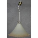 A vintage hand blown amber opaline Murano style glass conical pendant light with brass fittings. D.