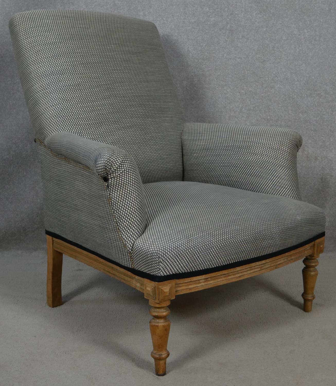 A C.1900 oak framed upholstered armchair on turned supports. H.94 W.83 D.79cm - Image 2 of 6