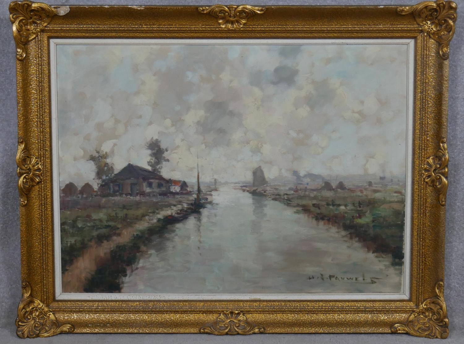 Henri Joseph Pauwels (1903-1983), oil on canvas, rural riverscape with farm buildings, signed. H. - Image 2 of 6