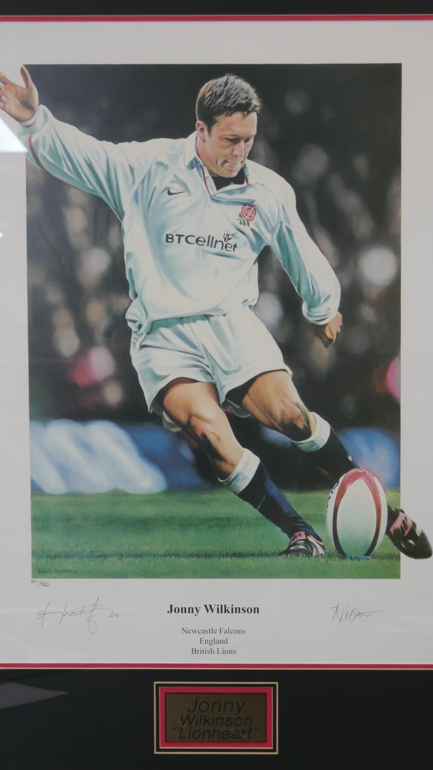 A framed and glazed signed limited edition print 'Johnny Wilkinson Lionheart' by Robert J Highton,