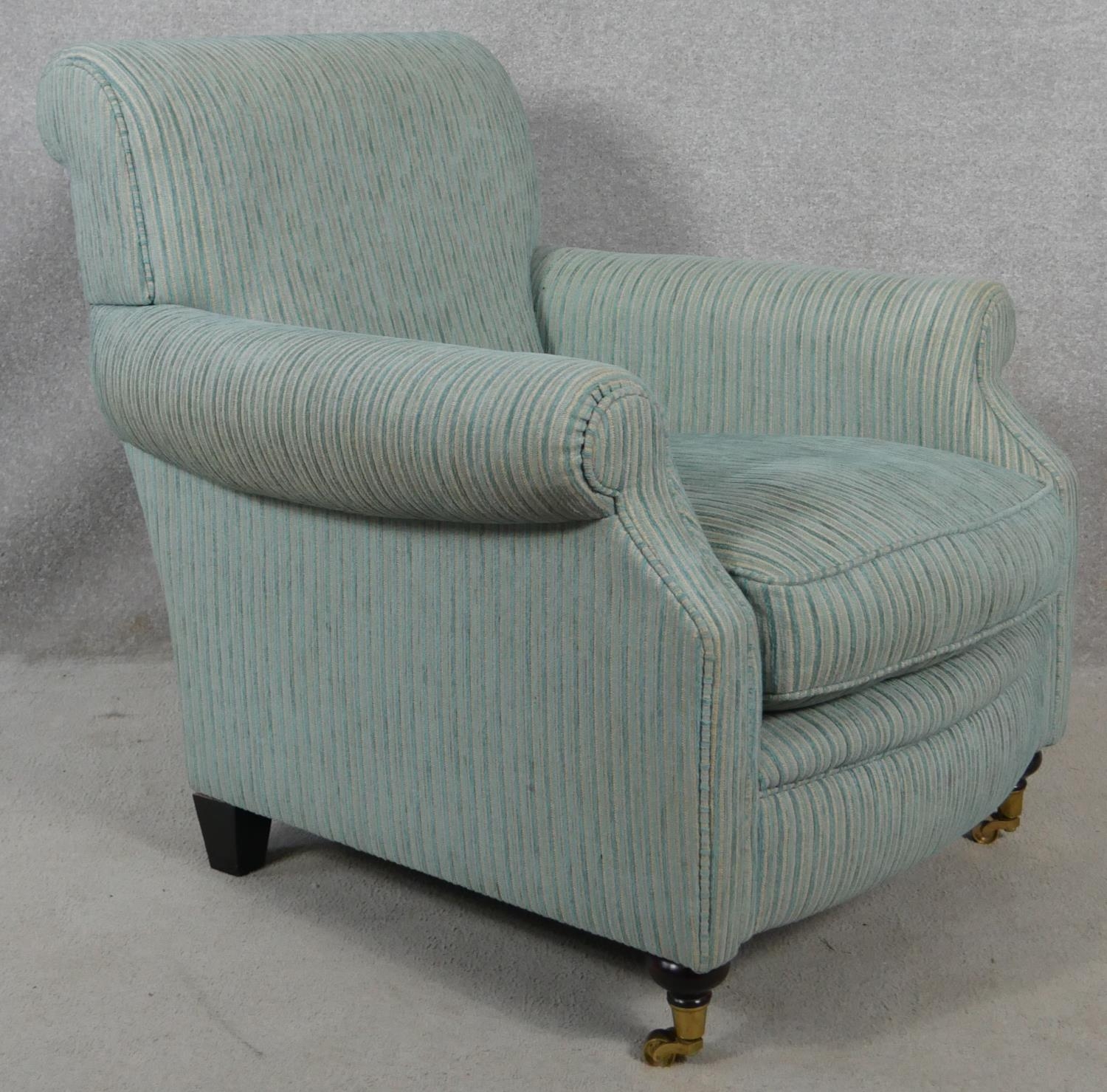 A contemporary 19th century style upholstered armchair on turned mahogany bun supports terminating - Image 2 of 4