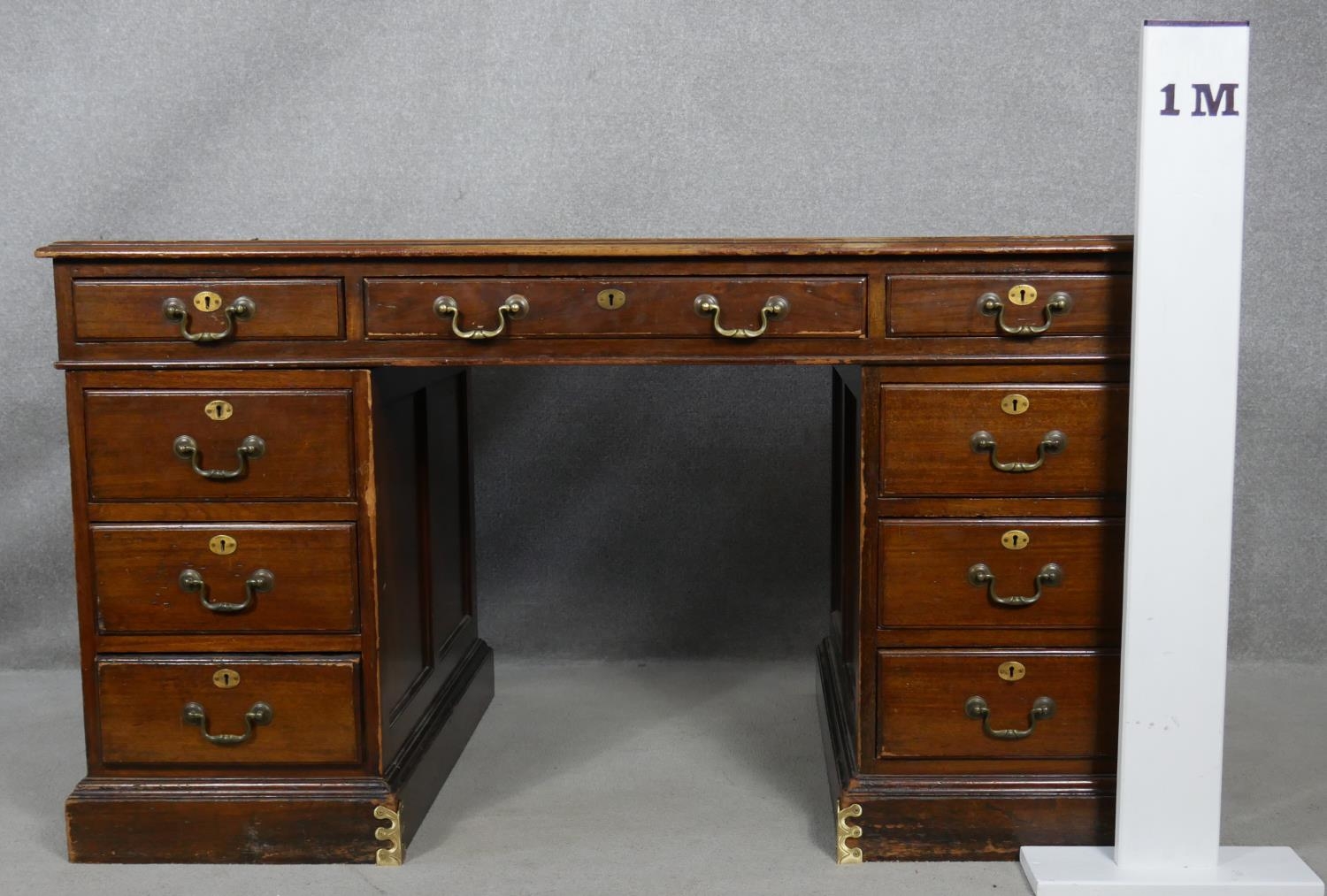 An early 20th century mahogany three section pedestal desk with maker's plaque to the inside and - Image 8 of 8