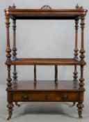 A Victorian burr walnut and satinwood inlaid Canterbury whatnot with pierced galleried back above