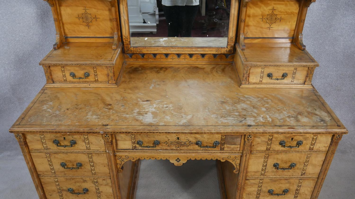 A late 19th century Aesthetic style walnut dressing table with incised carved decoration and ebony - Image 9 of 15