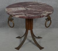 A Eastern metal framed occasional table fitted with veined marble top. H.48 D.60cm