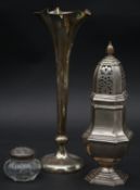 A collection of silver items. Including a weighted floral design trumpet vase, hallmarked: GDR for