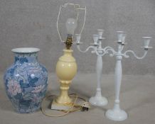 A vintage alabaster table lamp, a pair of painted candelabras and a Chinese style vase. H.53cm (